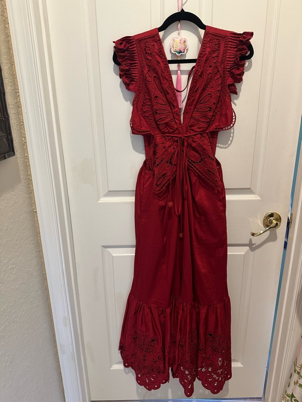 NWT Farm Rio Red Butterfly Eyelet Tie-Front Maxi Dress - Picture 2 of 5